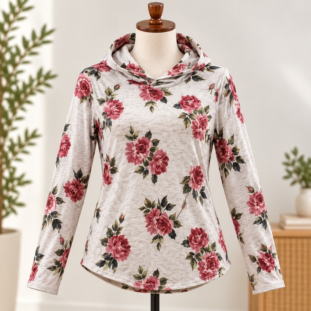 Active USA Floral Hoodie Women Medium Gray Red Rose Long Sleeve Lightweight Top